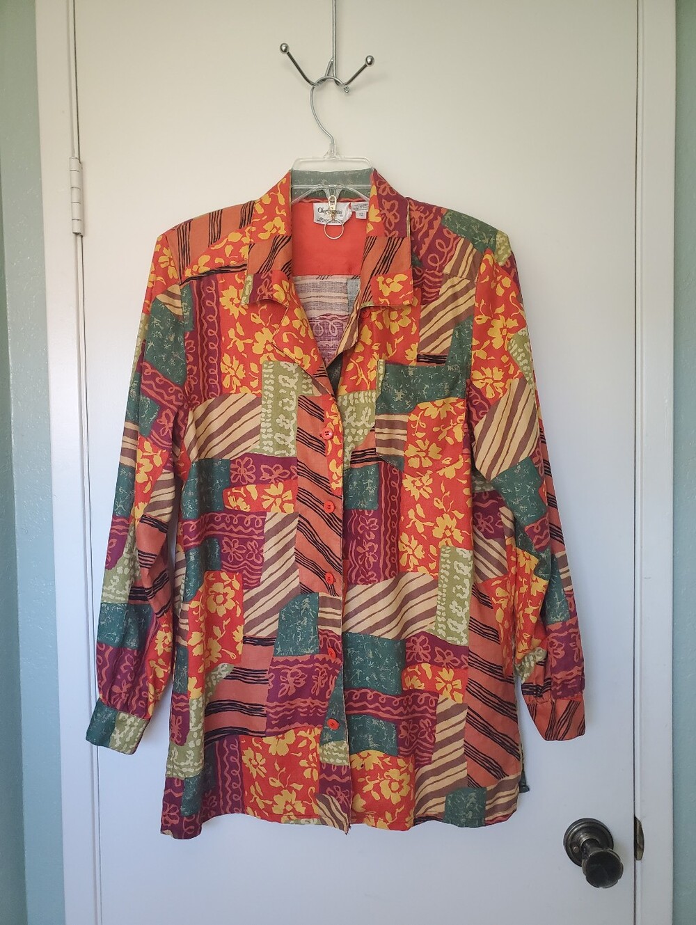 Vtg Oleg Cassini Woman's Abstact Artsy Patchwork Long Sleeve Blouse Linen 12
